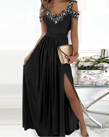 Woochic robe longue fendu le côté fluide avce strass v-cou élégant bal de promo Noir S